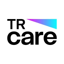 Logo met tekst 'TRcare' waarbij 'TR' donker en stevig is en 'care' zachter, met een driehoek boven in paars-blauw kleurverloop